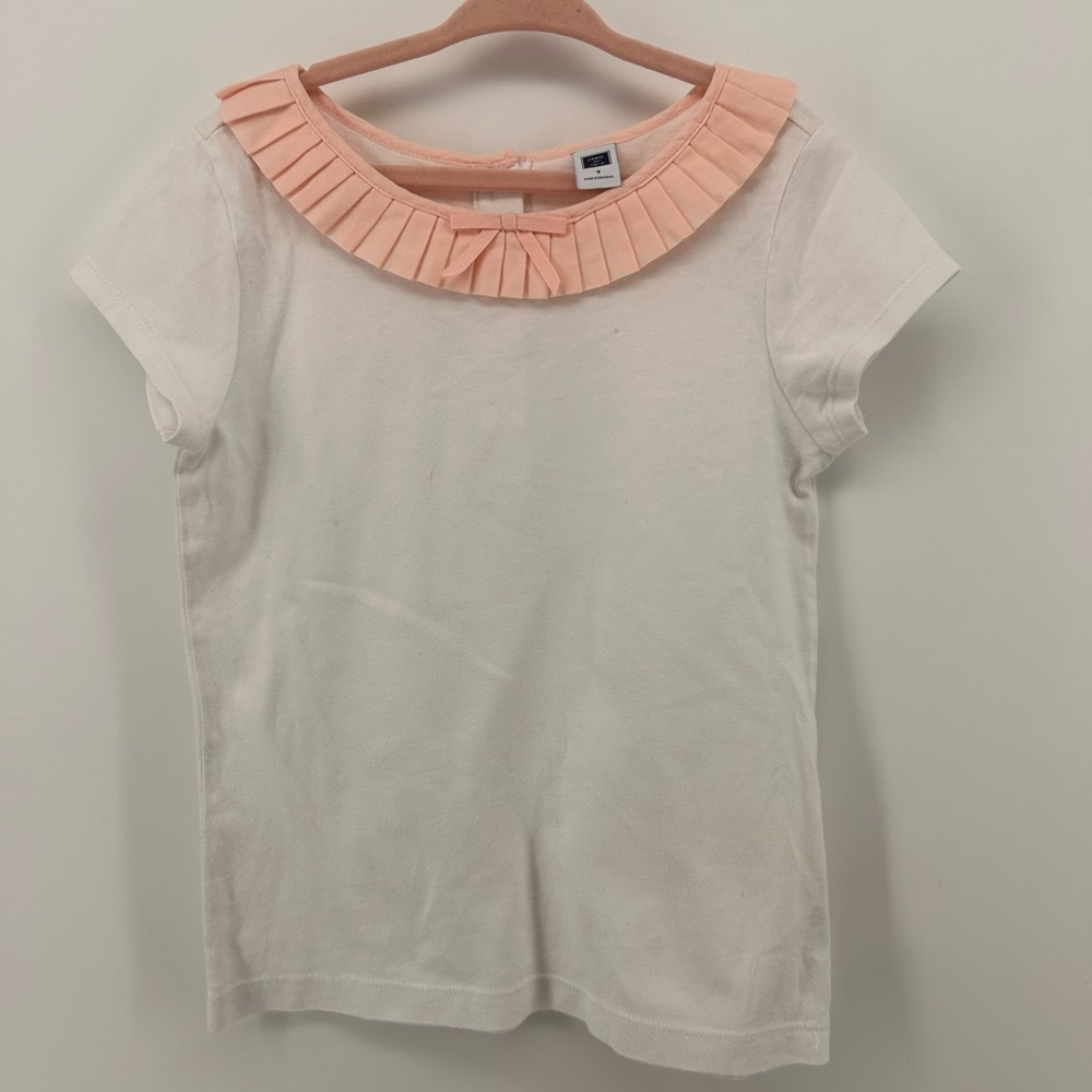 Janie And Jack Girls 100% Cotton White Shirt Pink Pleated Ruffle Collar  SZ 7
